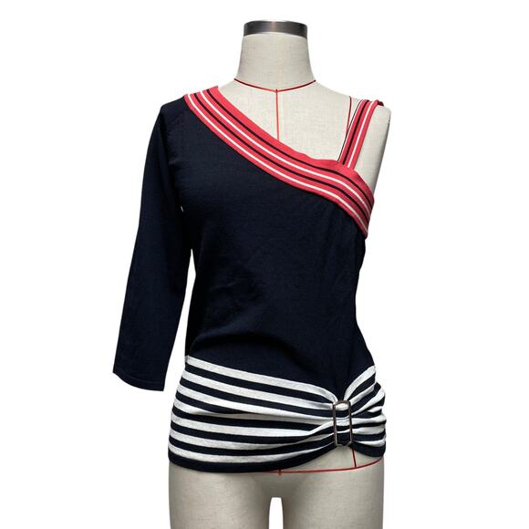 Vintage Ruby Cho Womens Size M One Sleeve Stipe Detail Knit Top - Picture 1 of 7